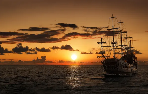 Picture sea, sunset, ship, sailboat, frigate