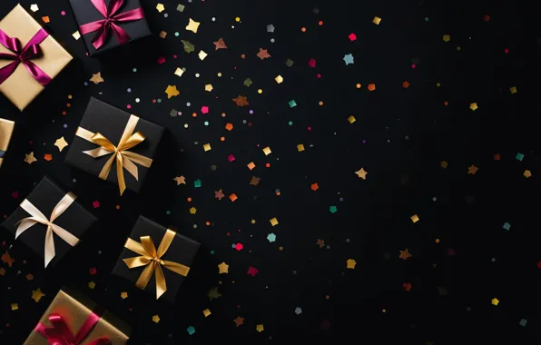 Gift, Christmas, gifts, New year, black background, bows, bow, bow