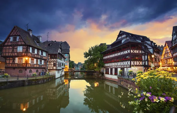 Flowers, bridge, reflection, France, building, channel, Strasbourg, France