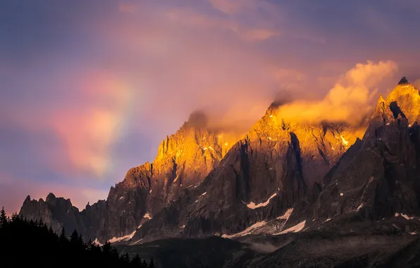 The sky, clouds, mountains, fog, rocks, dawn, the slopes, tops