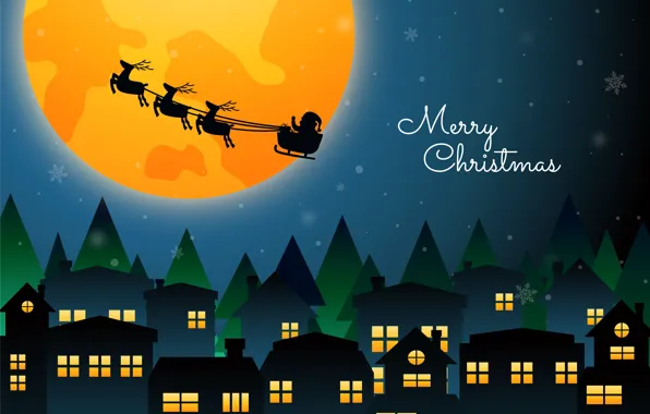 Home, Winter, Night, The moon, Christmas, New year, Santa Claus, Deer