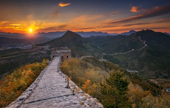 Sunset, China, Great wall, Simatai