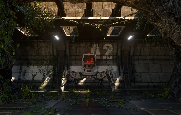 Vegetation, robot, arch, vines, Take one more step