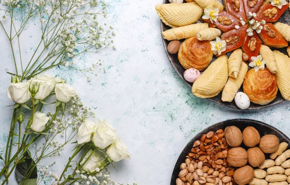 Flowers, roses, cakes, nuts, Oriental sweets