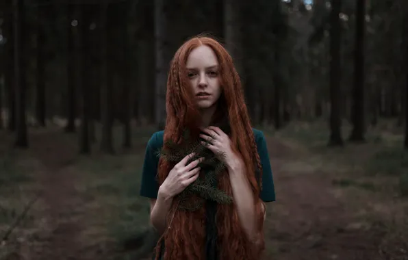 Forest, girl, hair, dress, red, Olya, Juliana Naidenova