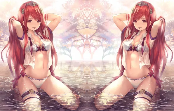 Girl, sexy, cleavage, long hair, boobs, anime, water, beautiful