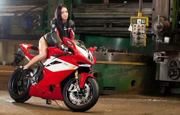 White, brunette, motorcycle, bike, red, motorcycle, jacket., Agusta