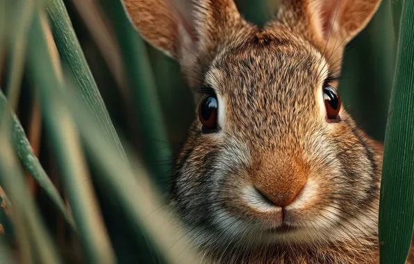 Grass, look, close-up, grey, hare, rabbit, face, AI art