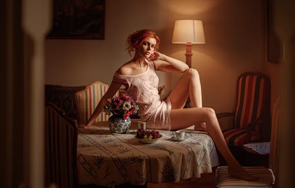 Picture look, flowers, table, model, red, legs, Georgy Chernyadyev, Kate Ri