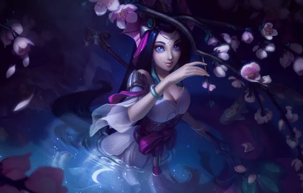Picture girl, fantasy, game, river, water, blue eyes, League of Legends, digital art