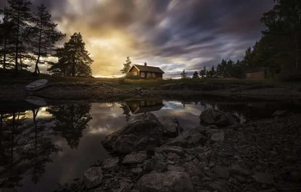 Picture boat, Wallpaper from lolita777, shore, lake, house, pond, the evening, landscape