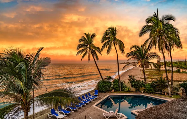 The ocean, Mexico, Palm trees, Coast, sunsets, Mazatlan, The Dawns
