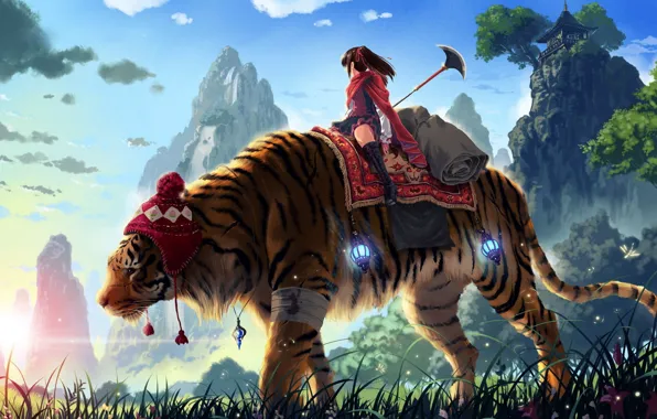 Picture grass, girl, mountains, tiger, spear, kankurou