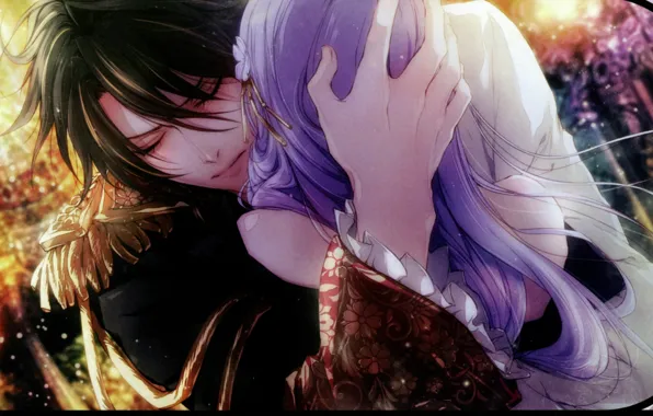 Picture hugs, goodbye, closed eyes, visual novel, leon, queen of the flowers, epaulettes, violette