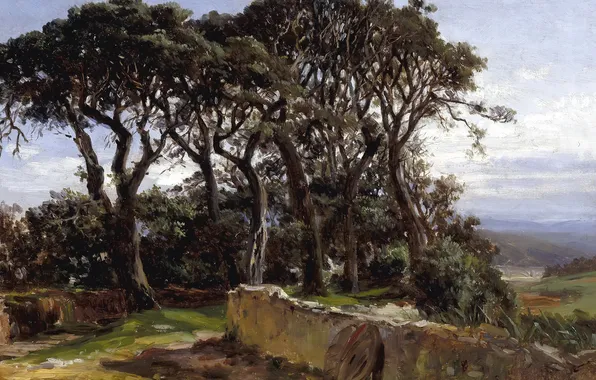 Trees, landscape, picture, Carlos de Haes, Pine