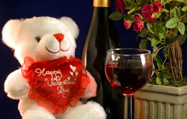 Flowers, wine, glass, bear, heart, Day Svatovo Valentine