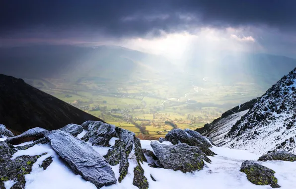 Clouds, rays, snow, mountains, river, England, The lake district, valley St Johns