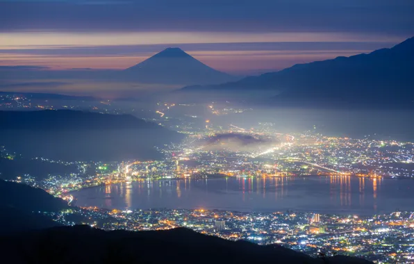 City, the city, lights, lights, lake, mountain, Japan, Japan