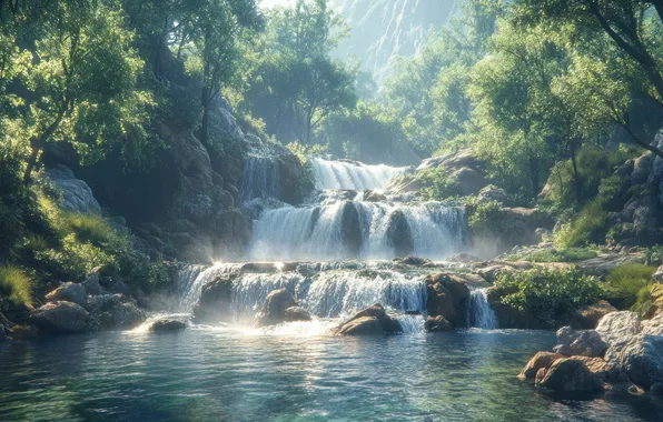 Greens, summer, light, trees, fog, stones, shore, foliage