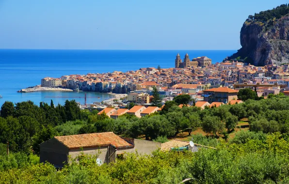 Picture the city, mountain, home, town, Italy, trees., Sicily, Cefalu