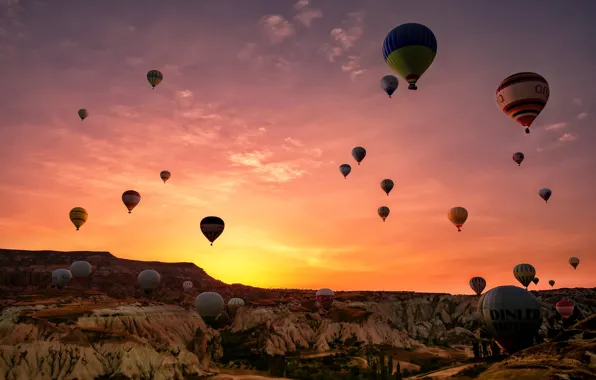The sky, mountains, balloons, ballooning, Turkey, balloons, Cappadocia