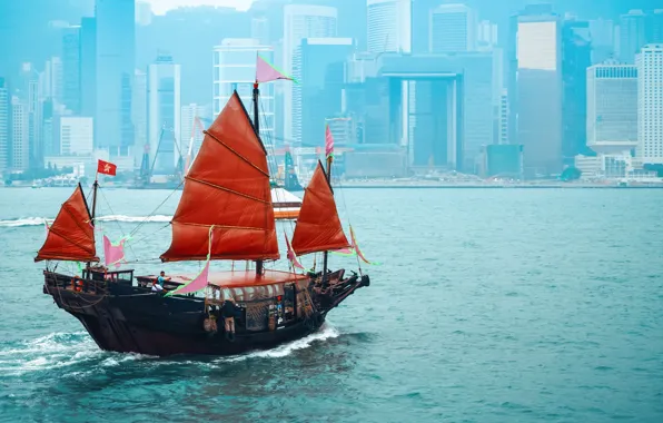 Picture ship, building, China, sails, skyscrapers