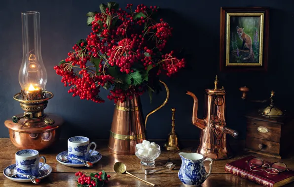 Picture branches, berries, glasses, Cup, dishes, sugar, book, still life