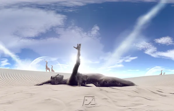 Picture sand, the sky, collage, desert, giraffes, statue, photo manipulation