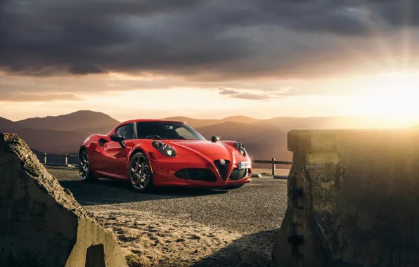 Red, Car, Front, Sunset, Sport, Launch Edition, 2015, Alfa-Romeo