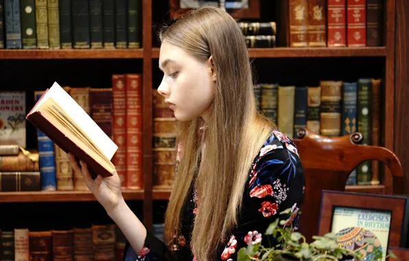 Picture girl, face, hair, book, library, reads