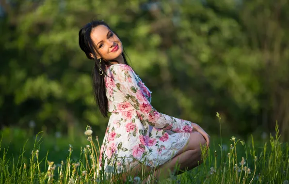 Grass, nature, smile, model, dress, brunette, katie