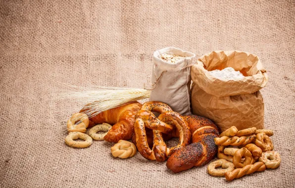 Different, cakes, flour, croissants, cuts, bakery products