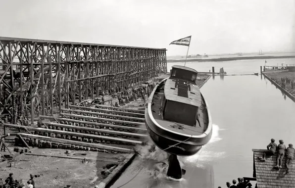 Picture retro, ship, USA, stapel, launching