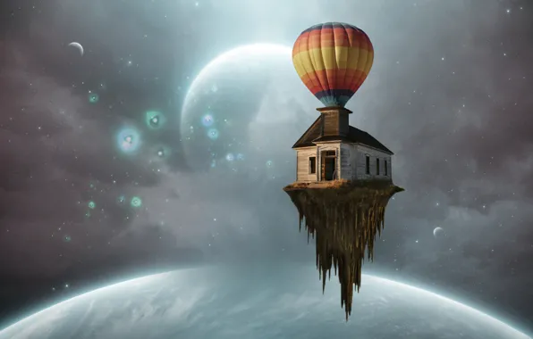 Picture space, house, balloon, island, planet, ball