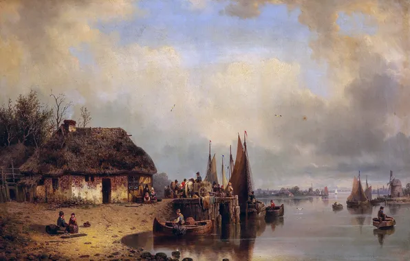 River, People, Picture, Fishermen, German artist, Ludwig Hermann, Ludwig Hermann, Fishermen at work at the …