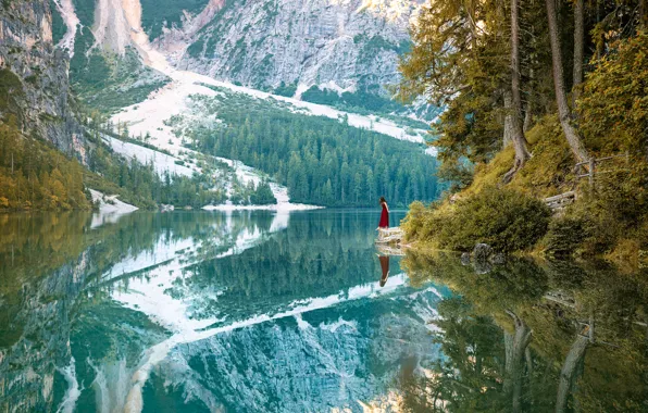 Picture girl, trees, mountains, reflection, river, One step ahead