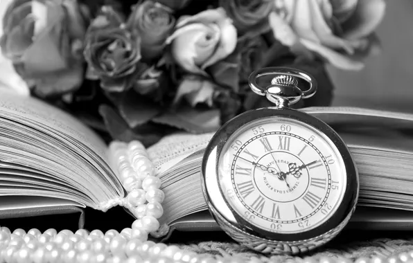 Retro, watch, roses, necklace, book, vintage
