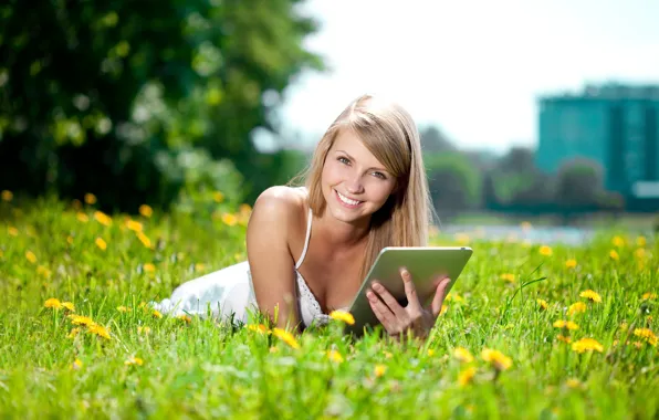 Greens, look, girl, the sun, trees, flowers, nature, the city