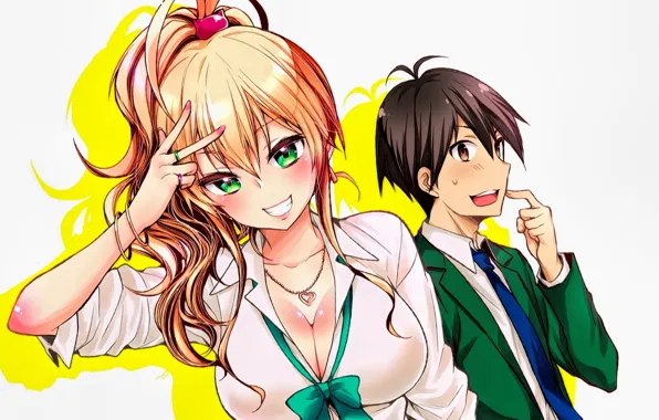 Smile, anime, blonde, manga, japanese, necklace, pretty face, oppai