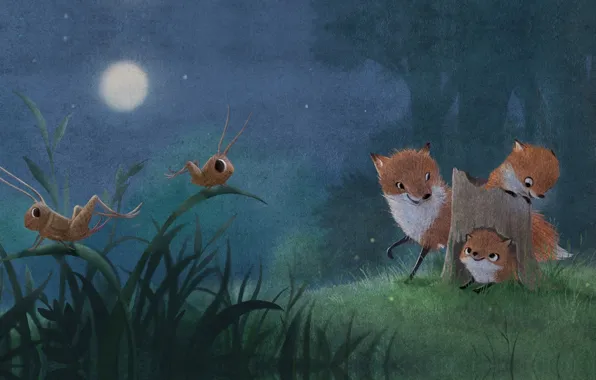 Picture forest, night, the moon, figure, art, grasshopper, clearing, children's