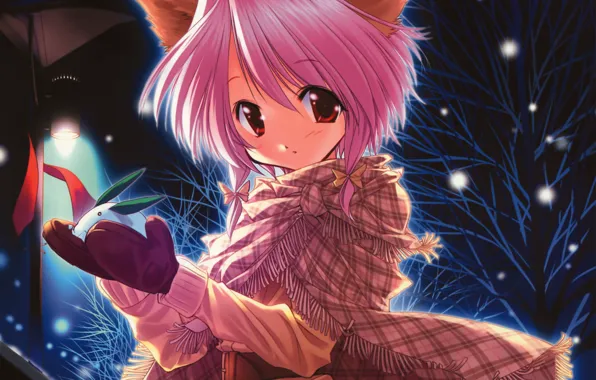 Picture winter, girl, snow, trees, snowflakes, anime, scarf, art