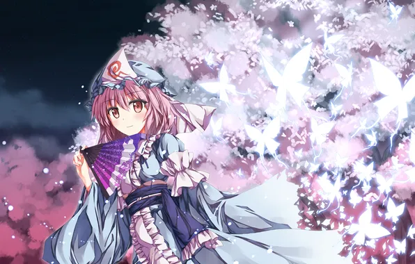 Night, Sakura, dress, fan, dress, butterfly