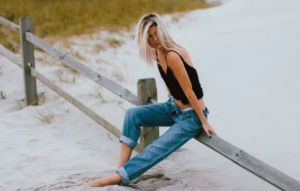 Sand, beach, girl, jeans