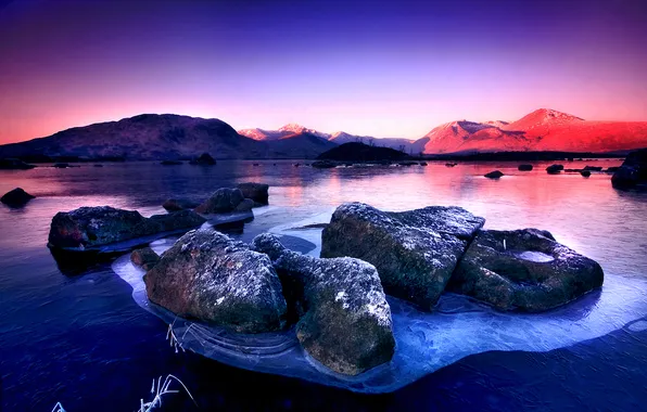 Sunset, mountains, stones, morning