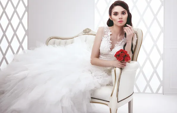 Room, bouquet, chair, dress, the bride