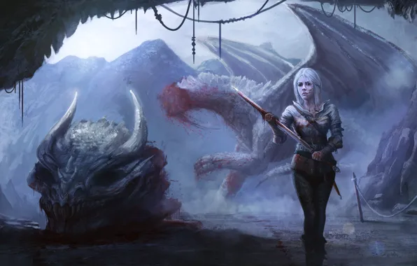 Picture girl, dragon, skull, art, Witcher 3: Wild Hunt, Cirilla
