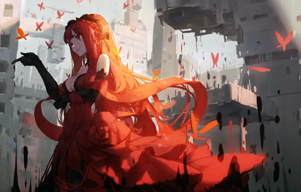Girl, the city, anime, art, ruins, red dress