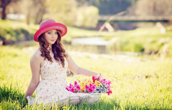 Girl, flowers, hat, dress, basket, bokeh