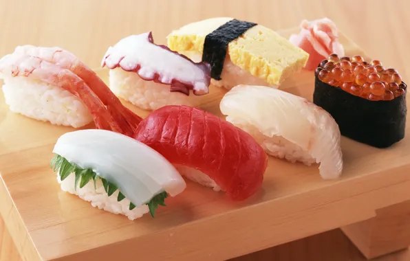 Picture food, octopus, figure, red, caviar, sushi, rolls, shrimp, seafood, Japanese cuisine, ginger