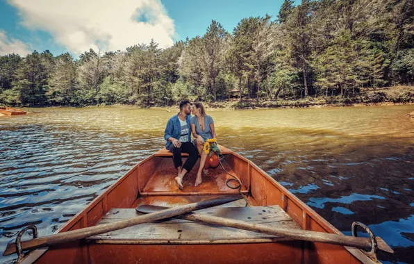 Forest, summer, girl, river, boat, kiss, male, lovers